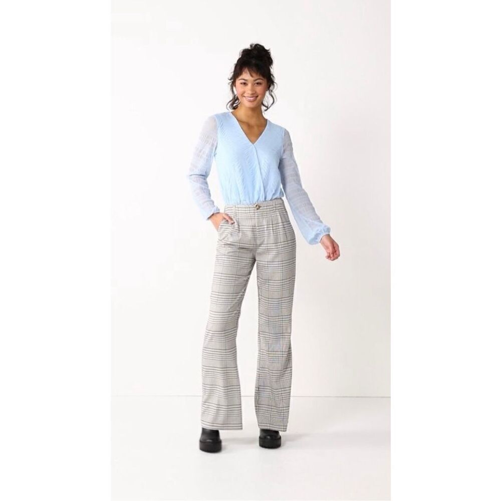 Juniors Womens SO Ivory Plaid Wide Leg Pleated Soft Spun Dress Pants - Sz 17